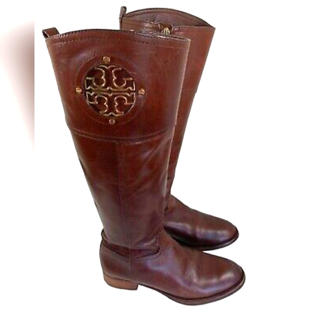 Tory Burch Designer Junction Lesther Riding Boots Brown Logo 500$ Retail 7.5